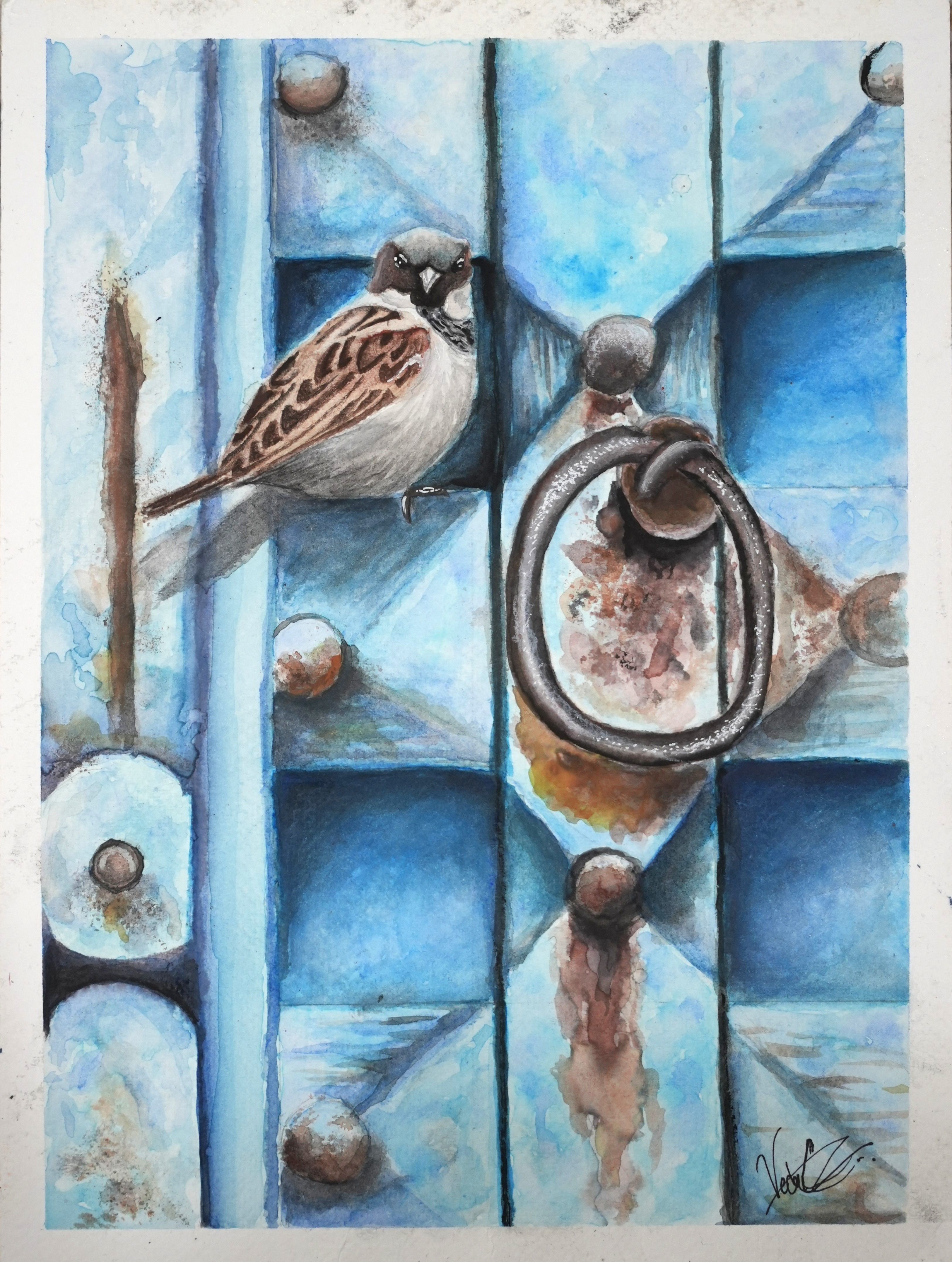 Two small birds perched among blue window panes.